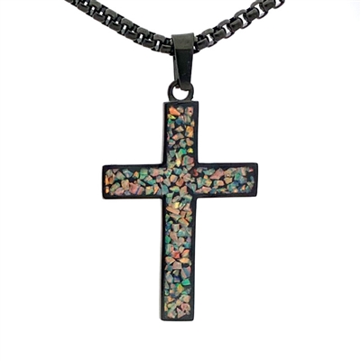 STEEL REVOLTâ„¢Black Stainless Steel Cross Necklace with Crushed Opal