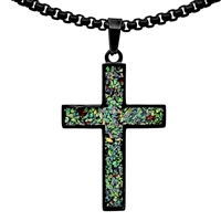 STEEL REVOLTâ„¢Black Stainless Steel Cross Necklace with Crushed Opal