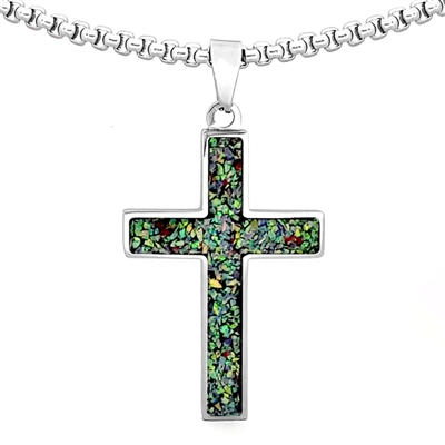 STEEL REVOLTâ„¢ Stainless Steel Cross Necklace with Crushed Opal