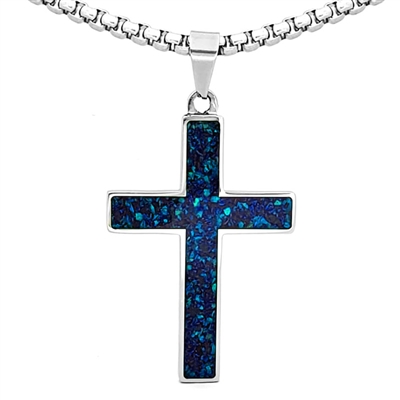 STEEL REVOLTâ„¢ Stainless Steel Cross Necklace with Crushed Opal