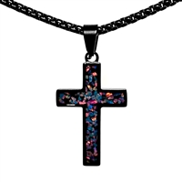 STEEL REVOLTâ„¢Black Stainless Steel Cross Necklace with Crushed Opal