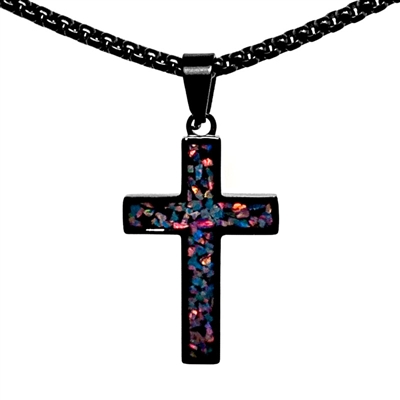 STEEL REVOLTâ„¢Black Stainless Steel Cross Necklace with Crushed Opal