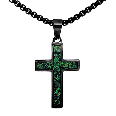 STEEL REVOLTâ„¢Black Stainless Steel Cross Necklace with Crushed Opal