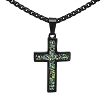 STEEL REVOLTâ„¢Black Stainless Steel Cross Necklace with Crushed Opal