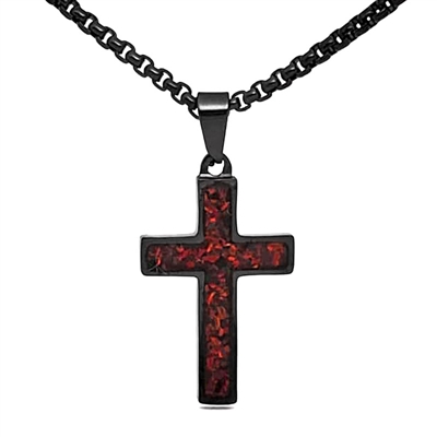 STEEL REVOLTâ„¢Black Stainless Steel Cross Necklace with Crushed Opal