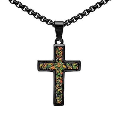 STEEL REVOLTâ„¢Black Stainless Steel Cross Necklace with Crushed Opal