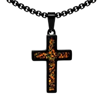 STEEL REVOLTâ„¢Black Stainless Steel Cross Necklace with Crushed Opal