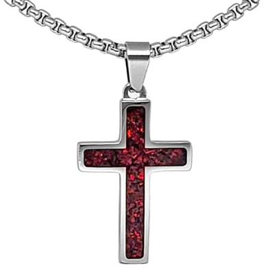 STEEL REVOLTâ„¢ Stainless Steel Cross Necklace with Crushed Opal