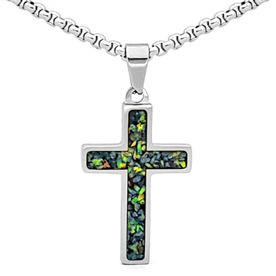 STEEL REVOLTâ„¢ Stainless Steel Cross Necklace with Crushed Opal