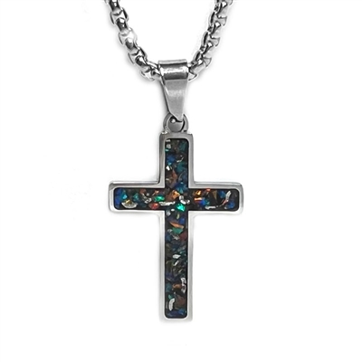 STEEL REVOLTâ„¢ Stainless Steel Nebula Cross Necklace with  Crushed Meteorite and Opal
