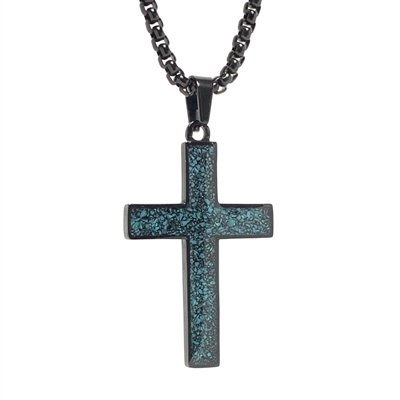 STEEL REVOLTâ„¢Black Stainless Steel Cross Necklace with Crushed Turquoise