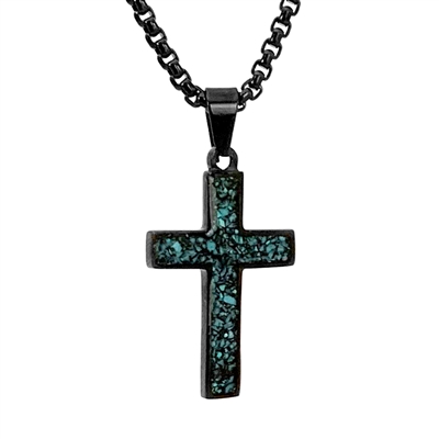 STEEL REVOLTâ„¢Black Stainless Steel Cross Necklace with Crushed Turquoise