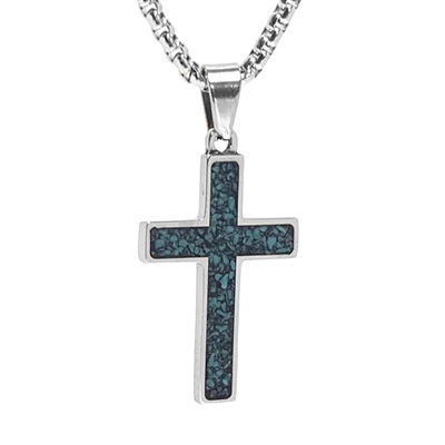 STEEL REVOLTâ„¢ Stainless Steel Cross Necklace with Crushed Turquoise