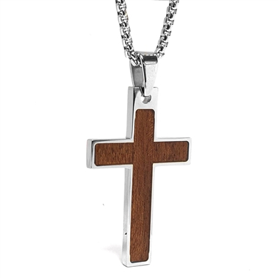 STEEL REVOLTâ„¢ Stainless Steel Cross Necklace with Walnut Wood