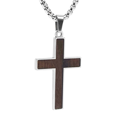 STEEL REVOLTâ„¢ Stainless Steel Cross Necklace with Walnut Wood