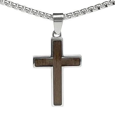 STEEL REVOLTâ„¢ Stainless Steel Cross Necklace with Walnut Wood