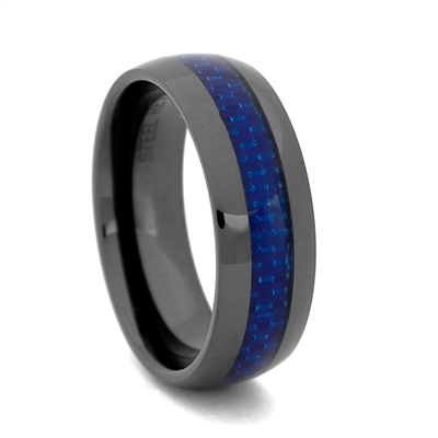 STEEL REVOLTâ„¢ Comfort Fit 8mm Black High-Tech Ceramic Wedding Band with Blue Carbon Fiber Inlay