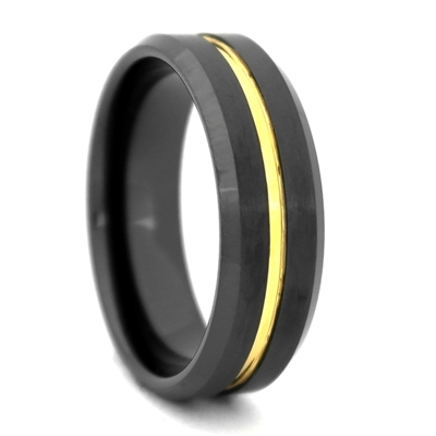 STEEL REVOLTâ„¢ Comfort Fit 8mm Black High-Tech Ceramic Wedding Band with a Gold Color PVD Plated Groove