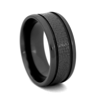 STEEL REVOLTâ„¢ Comfort Fit 10mm Matte Black Zirconium Wedding Band with Grooves and Hammered Look Center