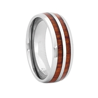 STEEL REVOLTâ„¢ Comfort Fit Domed Tungsten Carbide Wedding Ring with Double Line Koa Wood Inlay