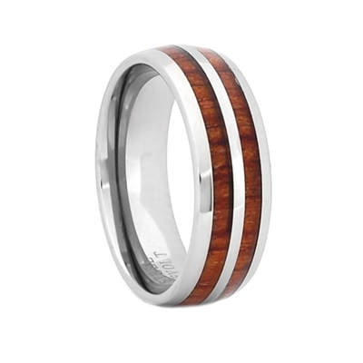 STEEL REVOLTâ„¢ Comfort Fit Domed Tungsten Carbide Wedding Ring with Double Line Koa Wood Inlay