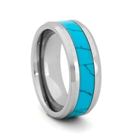STEEL REVOLTâ„¢ Comfort Fit Tungsten Carbide Wedding Ring with Beveled Edges and Turquoise Inlay