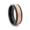 STEEL REVOLTâ„¢ Comfort Fit 8mm Black Tungsten Carbide Wedding Band with Two Grooves and Rose Gold Color PVD Plated Hammered Look Center