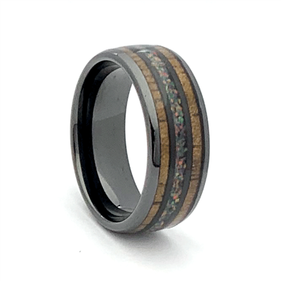 STEEL REVOLTâ„¢ Comfort Fit 8mm High-Tech Ceramic Wedding Ring With Genuine Wood from M1 Garand Rifle and Blue Crushed Opal