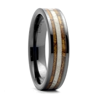 STEEL REVOLTâ„¢ Comfort Fit Black High-Tech Ceramic Wedding Ring with Antler and Cigar Leaf Inlay