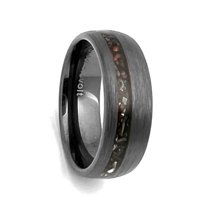 STEEL REVOLTâ„¢ Comfort-Fit 8mm Domed Tungsten Carbide Brushed Finish Wedding Ring With Meteorite Pieces and Dinosaur Bone Inlay