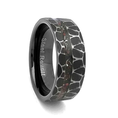 STEEL REVOLTâ„¢ Comfort-Fit 8mm Diamond Cut Look Tungsten Carbide Wedding Ring With Inlay of Meteorite Pieces and Dinosaur Bone