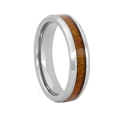 STEEL REVOLTâ„¢ Comfort Fit Tungsten Carbide Wedding Ring with Beveled Edges and Koa Wood Inlay