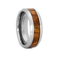 STEEL REVOLTâ„¢ Comfort Fit Tungsten Carbide Wedding Ring with Beveled Edges and Koa Wood Inlay