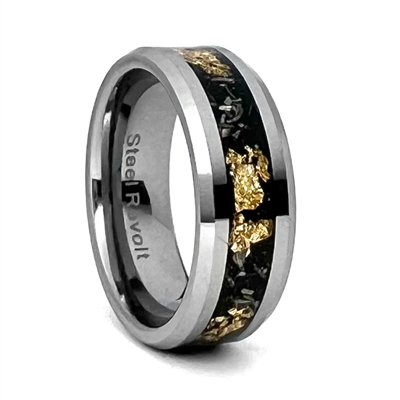 STEEL REVOLTâ„¢ Comfort-Fit Tungsten Carbide Wedding Ring With Meteorite and Gold color Flakes