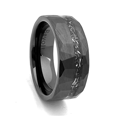 STEEL REVOLTâ„¢ Comfort-Fit 8mm Diamond Cut Look High-Tech Ceramic Wedding Ring With Inlay of Meteorite Pieces