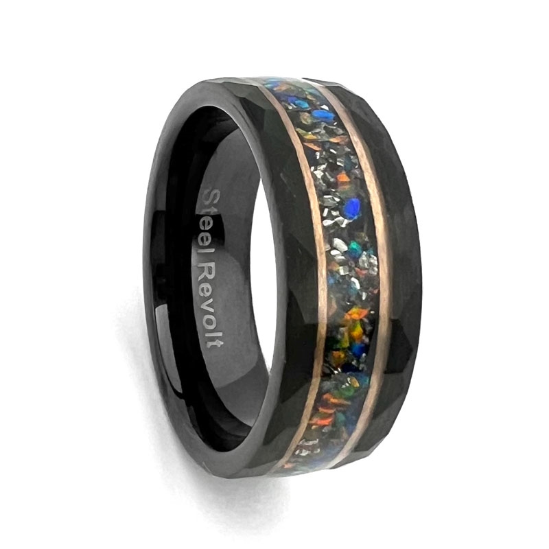 Comfort-Fit 8mm Diamond Cut Look Tungsten Carbide Wedding Ring With Crushed  Opal and Meteorite by STEEL REVOLT®