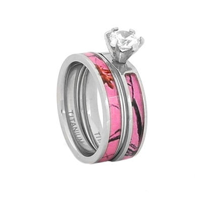 STEEL REVOLTâ„¢ Comfort Fit 8mm Women's Titanium Wedding Set With Pink Camouflage Inlay and CZ