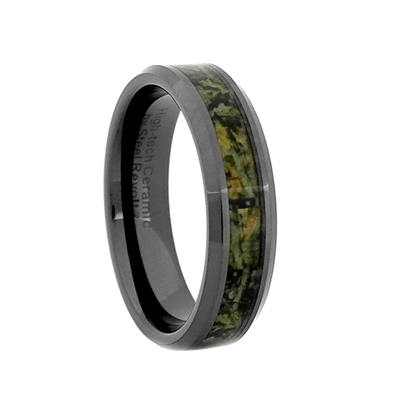 STEEL REVOLTâ„¢ Comfort Fit High-Tech Ceramic Wedding Ring with High Polish Beveled Edges and Camouflage Inlay