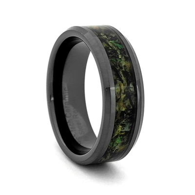 STEEL REVOLTâ„¢ Comfort Fit High-Tech Ceramic Wedding Ring with High Polish Beveled Edges and Camouflage Inlay