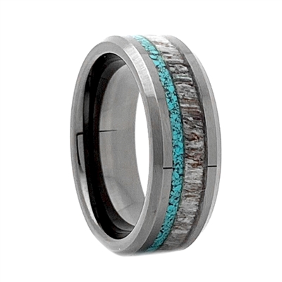 STEEL REVOLTâ„¢ Comfort Fit Black High-Tech Ceramic Wedding Ring with Antler and Turquoise Inlay