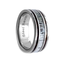 STEEL REVOLTâ„¢ 8mm Comfort Fit Domed Titanium Wedding Ring with Wood from Genuine Jack Daniels Whiskey Barrel and Genuine Antler
