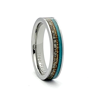 STEEL REVOLTâ„¢ Comfort Fit Tungsten Carbide Wedding Ring with Antler, Turquoise, and Genuine Jack Daniels Whiskey Barrel Wood Inlay