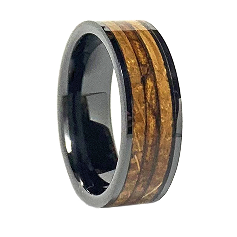 8mm Comfort Fit Black High-Tech Ceramic Wedding Ring with a Tobacco leaf  and Genuine Jack Daniels Whiskey Barrel Wood Inlay by STEEL REVOLT™