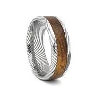 STEEL REVOLTâ„¢ Comfort Fit Domed Damascus Steel Wedding Ring with Wood from Genuine Jack Daniels Whiskey Barrel