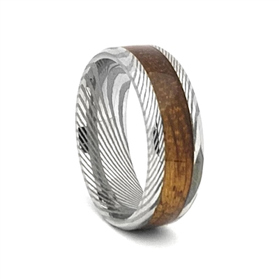 STEEL REVOLTâ„¢ Comfort Fit Domed Damascus Steel Wedding Ring with Wood from Genuine Jack Daniels Whiskey Barrel