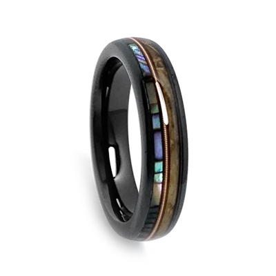 STEEL REVOLTâ„¢ Comfort Fit 4mm Black High-Tech Ceramic Wedding Ring with a Genuine Jack Daniels Whiskey Barrel Wood, Mother of Pearl, and Guitar String