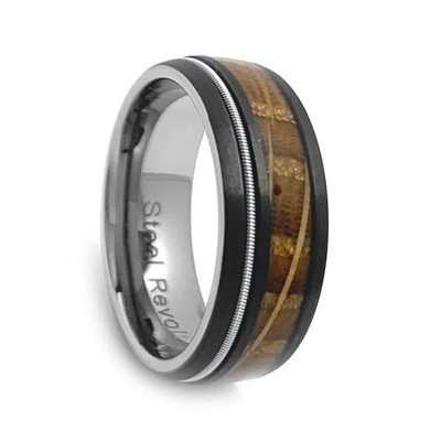 STEEL REVOLTâ„¢ Comfort Fit Domed Black Tungsten Carbide Wedding Ring with a Genuine Jack Daniels Whiskey Barrel Wood and Guitar String