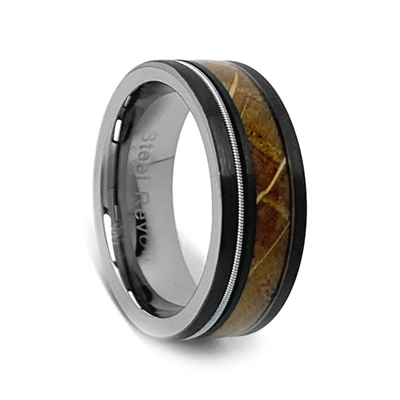 STEEL REVOLTâ„¢ Comfort Fit Black Tungsten Carbide Wedding Ring with a Genuine Jack Daniels Whiskey Barrel Wood and Guitar String
