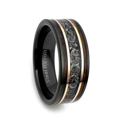STEEL REVOLTÂ® Comfort Fit Domed Black Tungsten Carbide Wedding Ring with Wood from Genuine Jack Daniels Whiskey Barrel and Crushed Meteorite