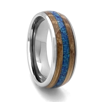 STEEL REVOLTâ„¢ Comfort Fit Tungsten Carbide Wedding Ring with Jack Daniels Whiskey Barrel Wood and Created Crushed Opal